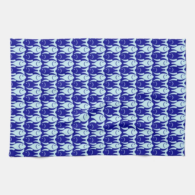 Mid-Century Modern fish, cobalt and light blue Tea Towel (Horizontal)