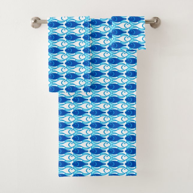 Mid-Century Modern Fish, Cobalt Blue and White Bath Towel Set (Insitu)