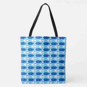 Mid-Century Modern fish, cobalt blue and white Tote Bag