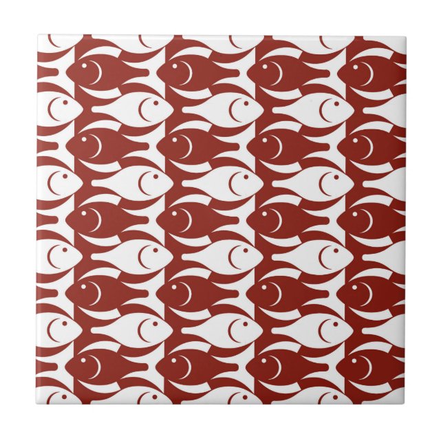 Mid-Century Modern fish, dark red and white Ceramic Tile (Front)
