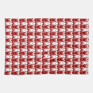 Mid-Century Modern fish, dark red and white Tea Towel