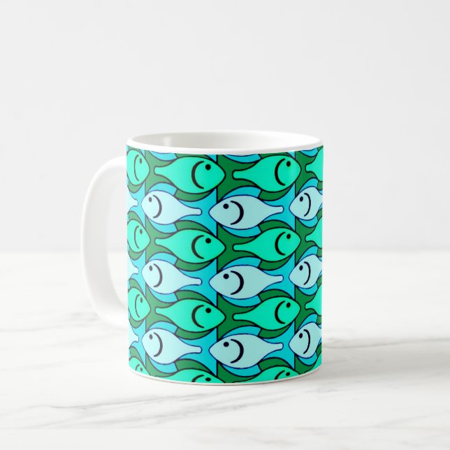 Mid-Century Modern fish, jade green and aqua Coffee Mug (Front Left)