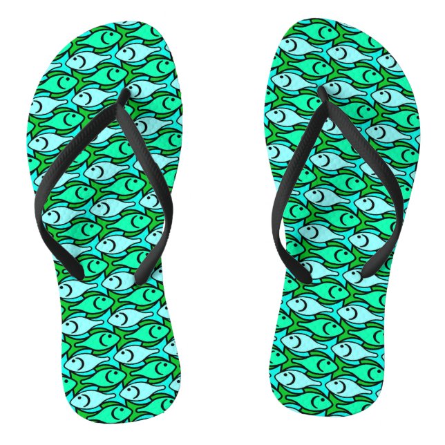 Mid-Century Modern fish, jade green and aqua Thongs (Footbed)