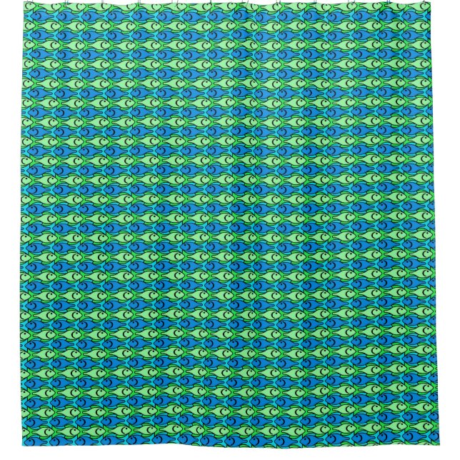 Mid-Century Modern Fish, Lime Green and Blue Shower Curtain (Front)