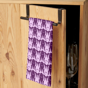 Mid-Century Modern fish, orchid and purple Tea Towel