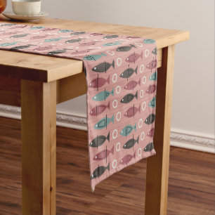 Mid Century Modern Fish Pattern Pink Teal Short Table Runner