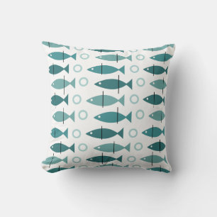 Mid Century Modern Fish Pattern Turquoise Cushion