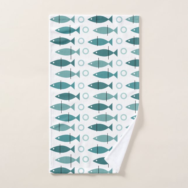 Mid Century Modern Fish Pattern Turquoise Hand Towel (Hand Towel)