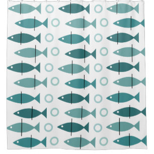 Mid Century Modern Fish Pattern Turquoise Shower Curtain