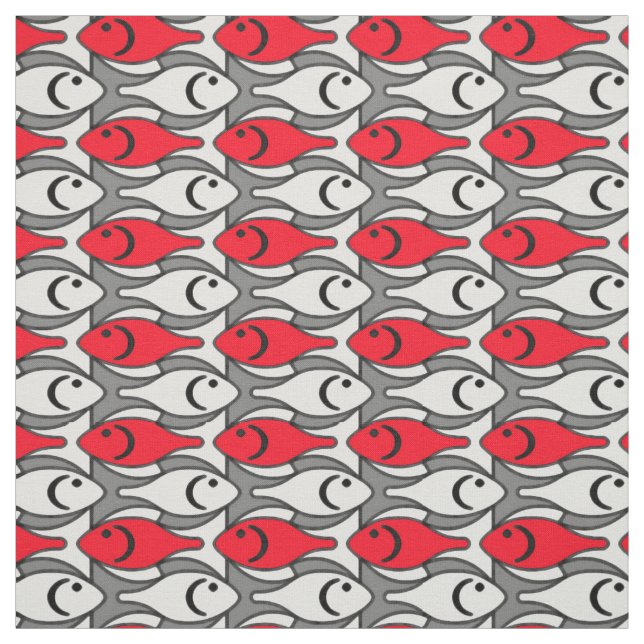 Mid-Century Modern fish, red and grey / grey Fabric (Swatch)