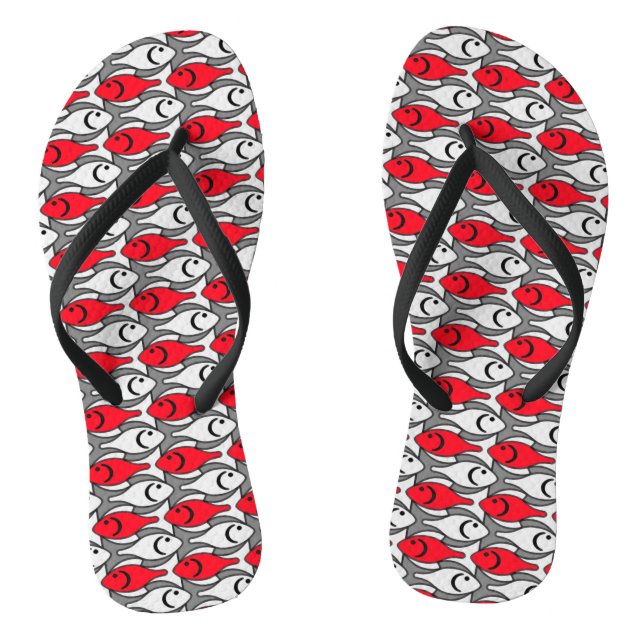 Mid-Century Modern fish, red and grey / grey Thongs (Footbed)