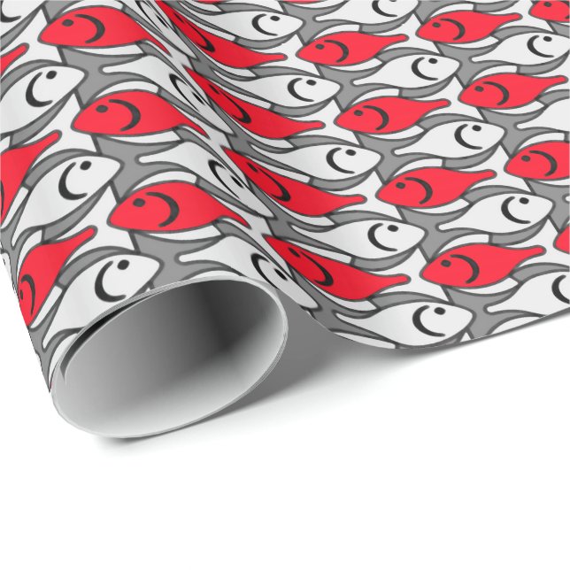 Mid-Century Modern fish, red and grey / grey Wrapping Paper (Roll Corner)