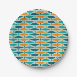 Mid Century Modern Fish Stripes Pattern  Paper Plate