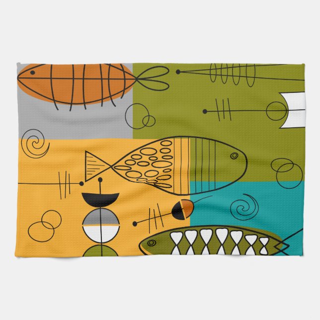 Mid-Century Modern Fish Whimsical Abstract Tea Towel (Horizontal)