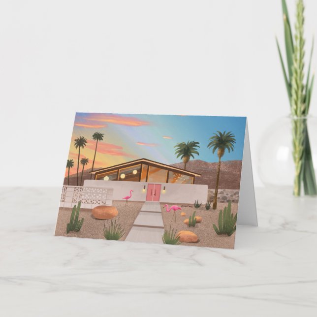 Mid Century Modern Flamingo House Blank Card (Front)