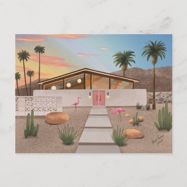 Mid Century Modern Flamingo House Postcard (Front)