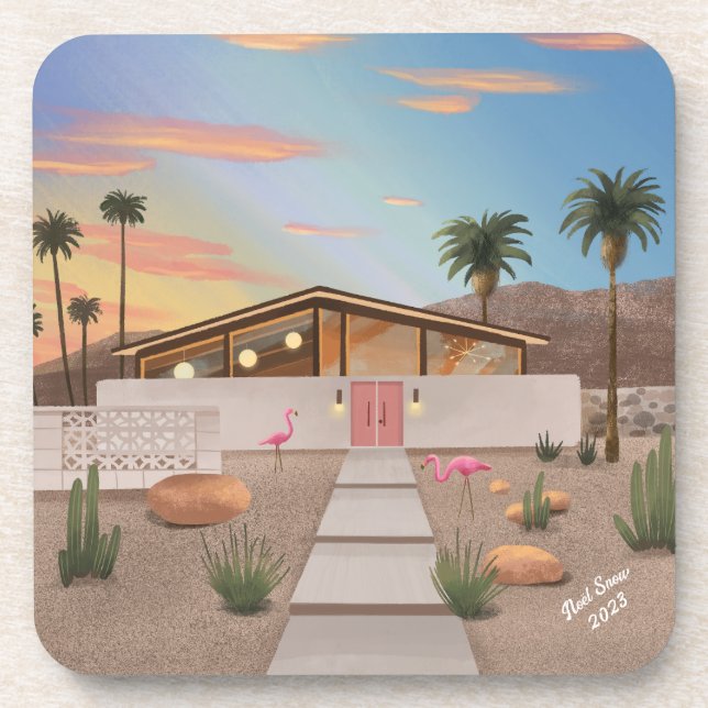 Mid Century Modern Flamingo House Set of Coasters (Front)