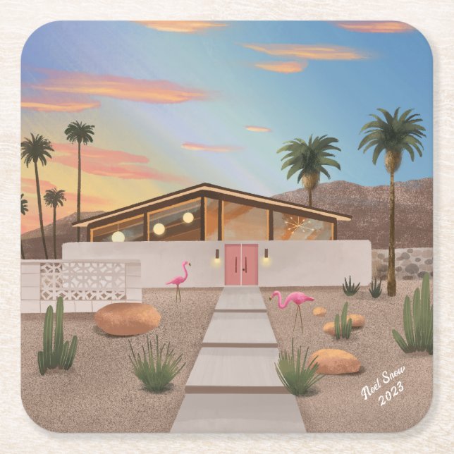 Mid Century Modern Flamingo House Square Paper Coaster (Front)