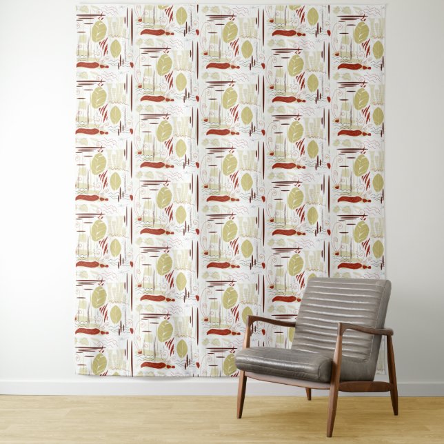 Mid Century Modern Floral Abstract Leaves Design Tapestry (In Situ)