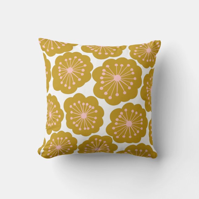 Mid Century Modern Floral Flower Pattern Mustard Cushion (Front)