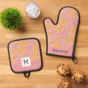 Mid Century Modern Floral Pattern Oven Mitt & Pot Holder Set