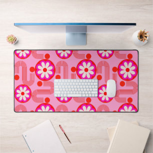 Mid Century Modern Floral Pattern Pink Retro Desk Mat