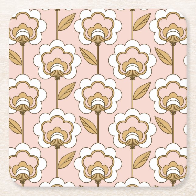 Mid-Century Modern Floral Pattern Square Paper Coaster (Front)