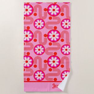 Mid Century Modern Floral Pattern with Name Pink  Beach Towel