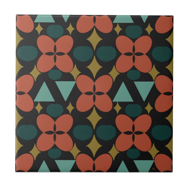 Mid Century Modern Flower Diamond Black  Ceramic Tile (Front)