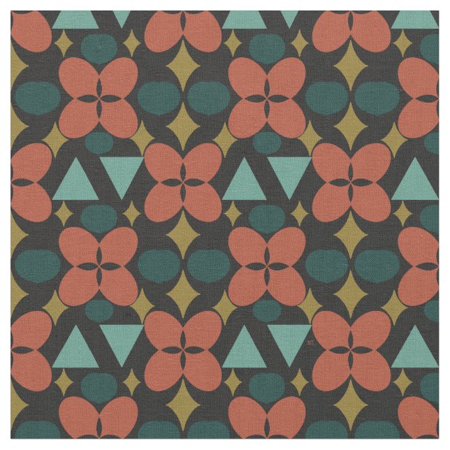 Mid Century Modern Flower Diamond Black Pattern Fabric (Close Up)