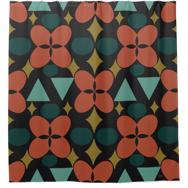 Mid Century Modern Flower Diamond Black  Shower Curtain (Front)