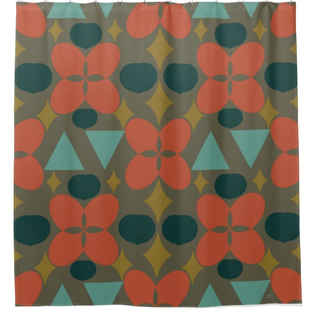 Mid Century Modern Flower Diamond Green Shower Curtain (Front)