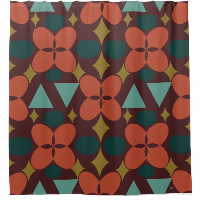 Mid Century Modern Flower Diamond Red Pattern Shower Curtain (Front)