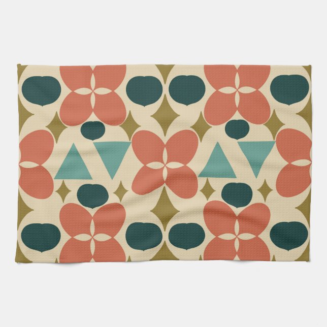 Mid Century Modern Flower Diamond Yellow Tea Towel (Horizontal)