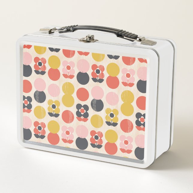 Mid-Century Modern Flower Pattern Metal Lunch Box (Front)