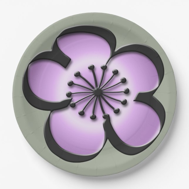 Mid-Century Modern Flower - Purple, Black, Grey Paper Plate (Front)