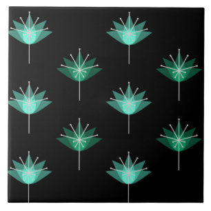 Mid Century Modern Flowers Black Turquoise Ceramic Tile