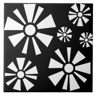 Mid Century Modern Flowers Black White Ceramic Tile