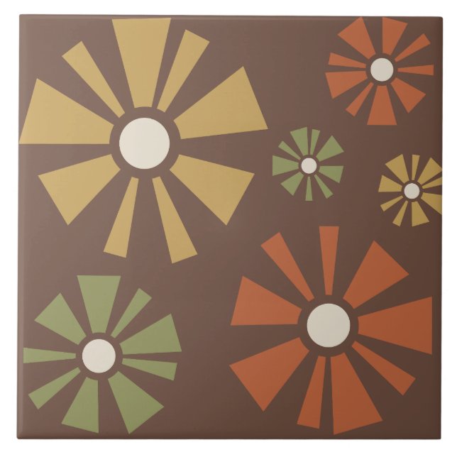 Mid Century Modern Flowers Earth Tones Ceramic Tile (Front)