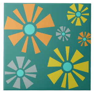 Mid Century Modern Flowers Teal Ceramic Tile