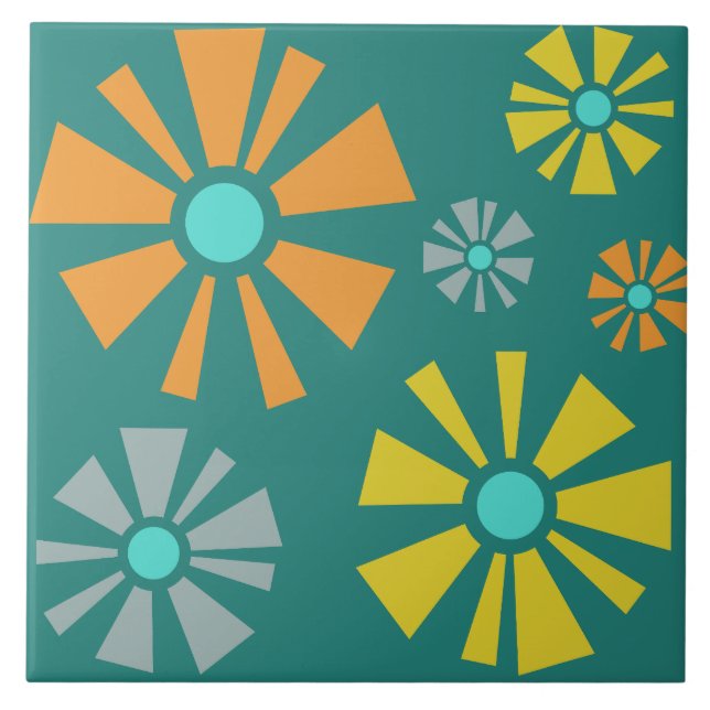 Mid Century Modern Flowers Teal Ceramic Tile (Front)