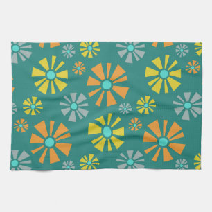 Mid Century Modern Flowers Teal Tea Towel