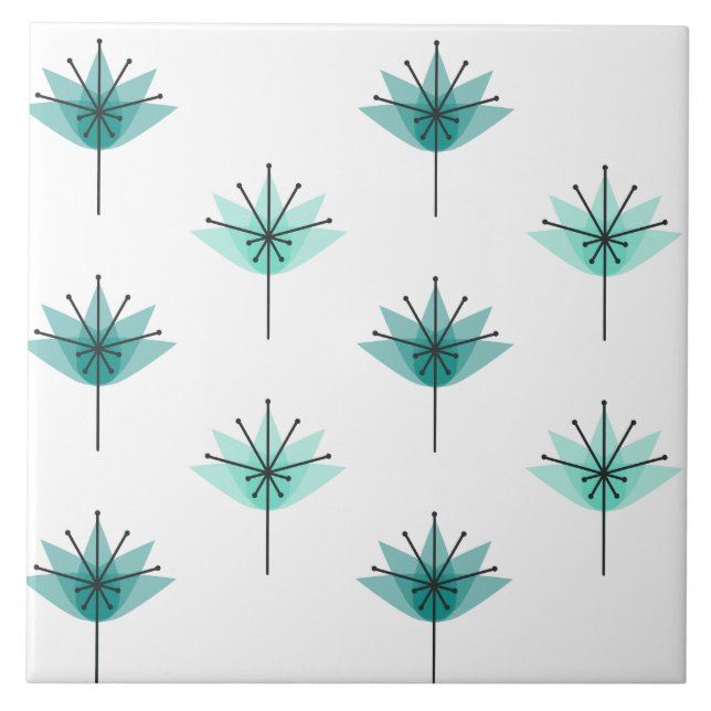 Mid Century Modern Flowers Turquoise Ceramic Tile (Front)