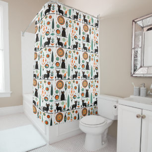 Mid Century Modern Funny Space Cats  Shower Curtain