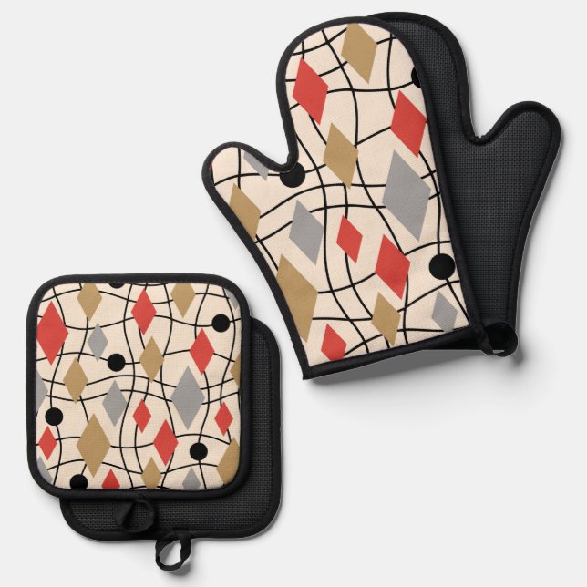 Mid Century Modern Geometric Abstract Oven Mitt & Pot Holder Set (Front/Back)
