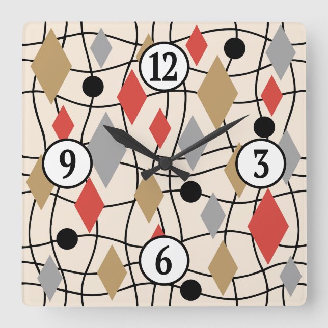 Mid Century Modern Geometric Abstract Square Wall Clock (Front)