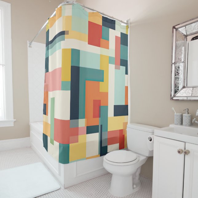 Mid Century Modern Geometric Colour Block Shower Curtain (In Situ)