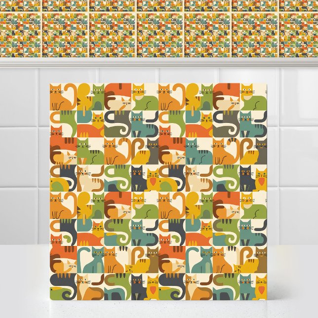 Mid Century Modern Geometric Fun Cat Retro Pattern Ceramic Tile (Cute and Funny Mid Century Modern Geometric Fun Cat Retro Colorful Ol'd School Pattern Ceramic Tile)