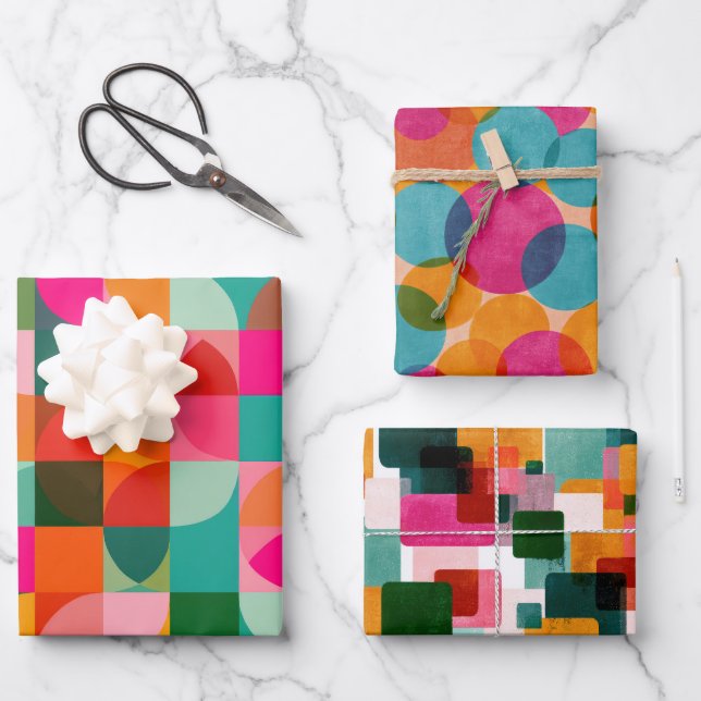 Mid Century Modern Geometric Pattern Colourful Wrapping Paper Sheet (Front)