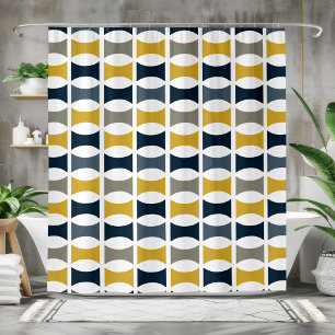 Mid Century Modern Geometric Pattern Navy Mustard Shower Curtain